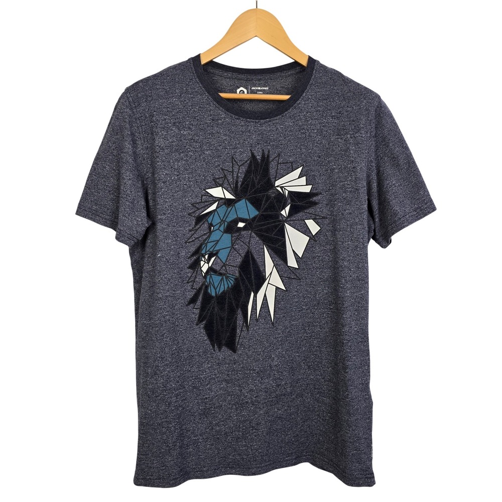 Jack & Jones Core Men's Grey Blue T-Shirt Graphic Lion Crew Neck Size L